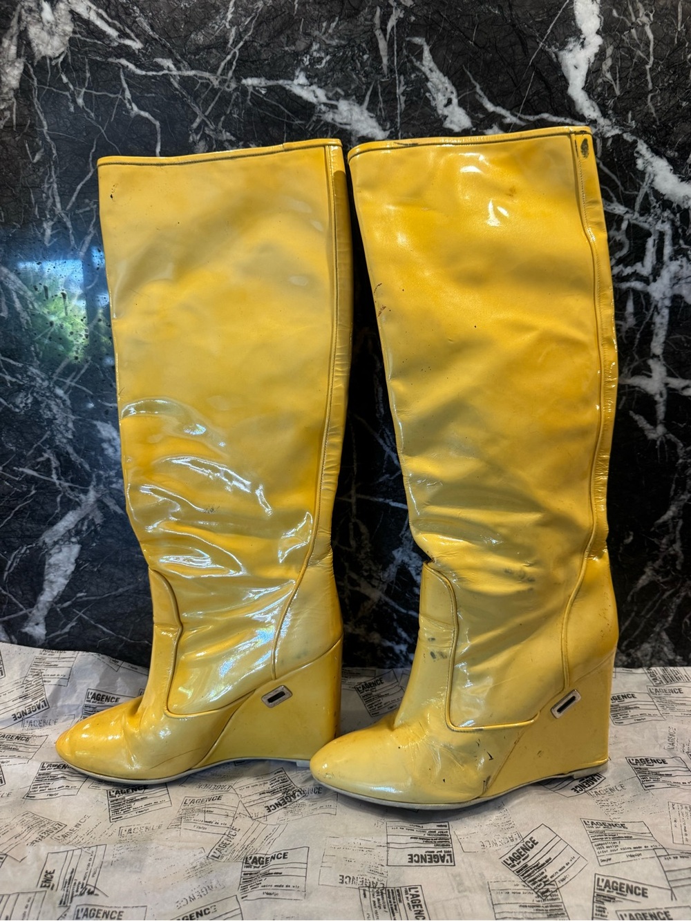 Louis Vuitton Women's Yellow Patent Wedge Knee-High Boots - Picture 2 of 5